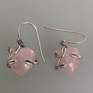 Silver Pink Quartz Heart Shaped Dangle Earrings